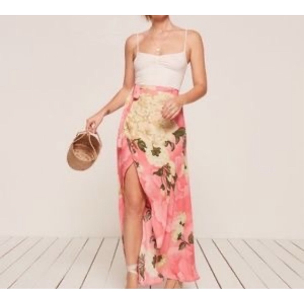 Reformation Floral Asym Wrap Maxi Skirt XS Pink Cottagecore Romantic Resort USA